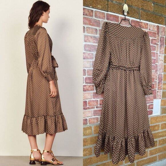 ROSEDRESS VINTAGE FLORAL PRINTED LONG SLEEVE RUFFLE WRAP MIDI DRESS - COFFEE L - Picture 4 of 17